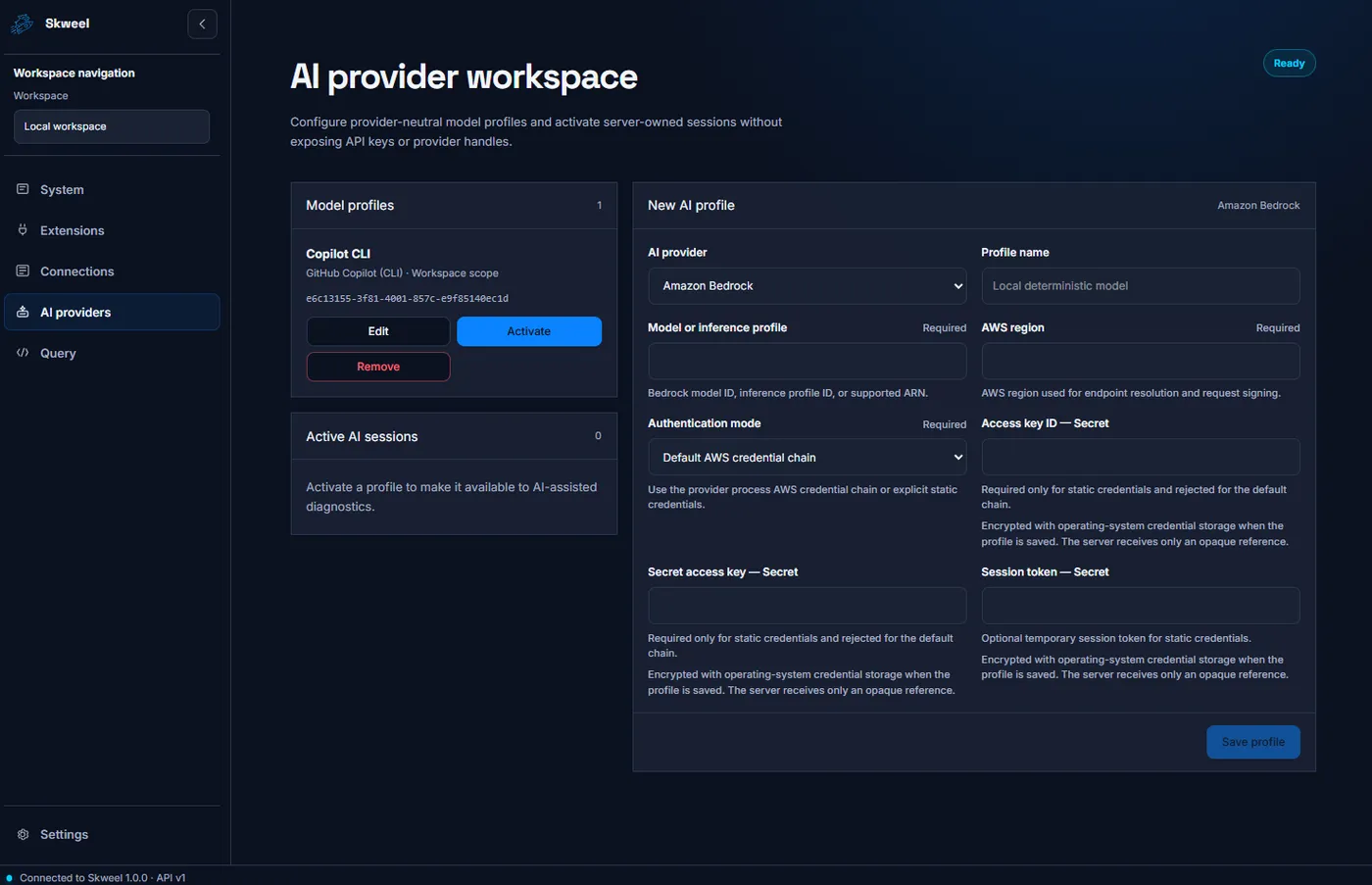 Skweel AI provider workspace showing a Copilot CLI model profile and a new Amazon Bedrock profile form with AWS region, authentication mode, and encrypted credential fields.