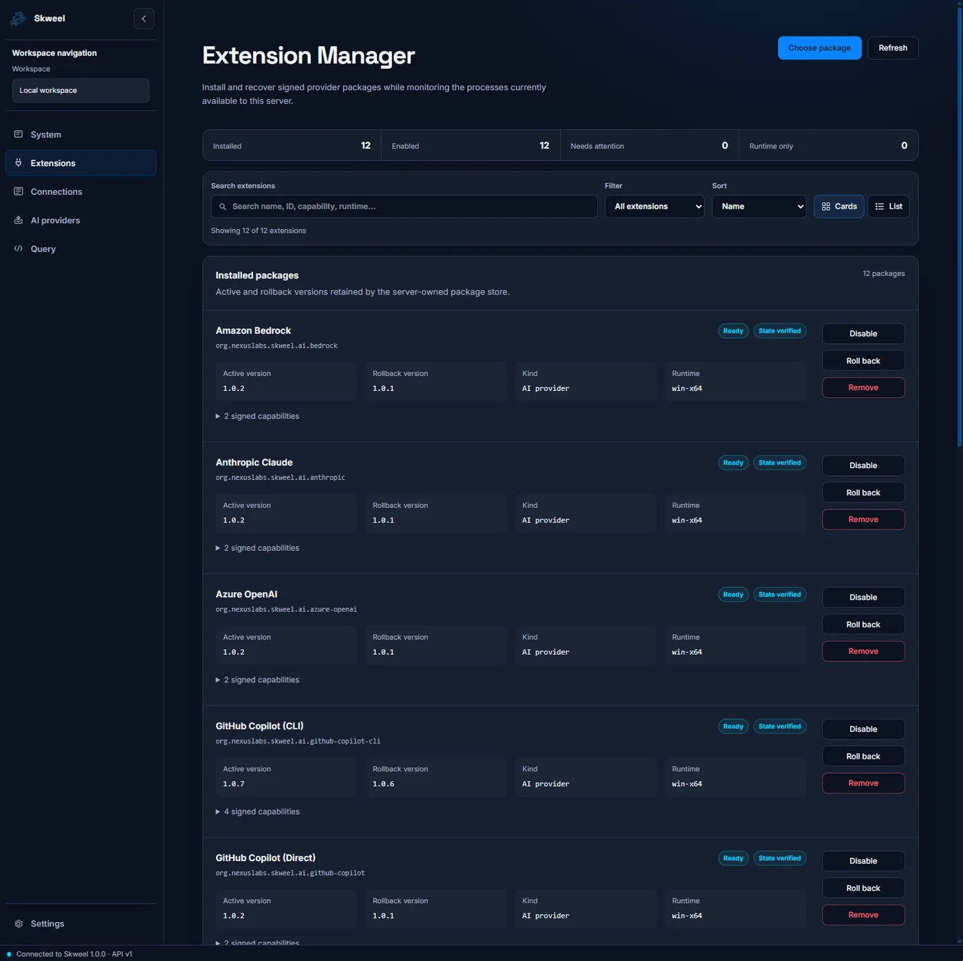 Skweel extension manager showing 12 installed AI provider packages, each with active and rollback versions, verified state, and disable, roll back, or remove controls.