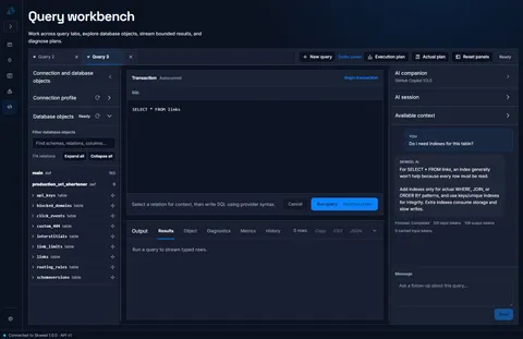 Skweel query workbench showing a SQL query, a live schema browser with 174 relations, and an AI companion explaining whether an index would help and why.