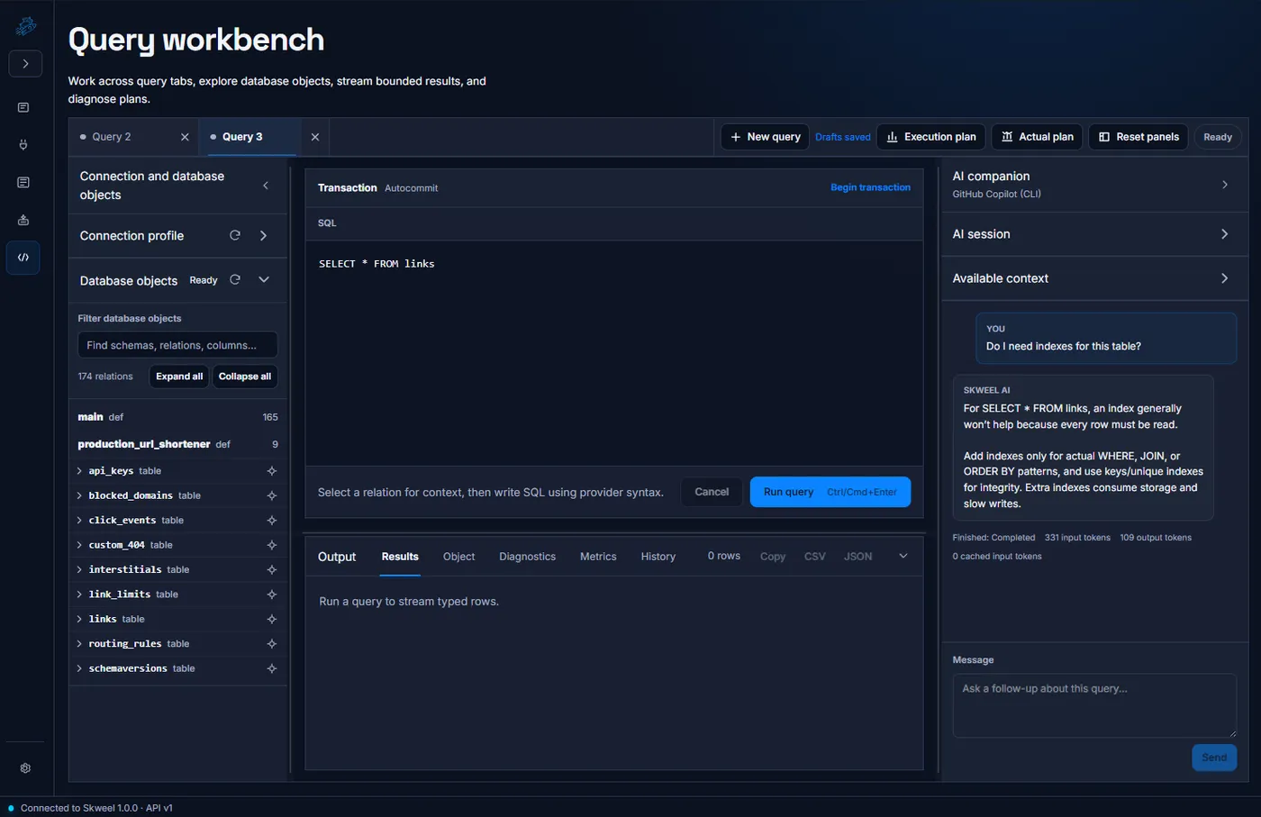 Skweel query workbench showing a SQL query, a live schema browser with 174 relations, and an AI companion explaining whether an index would help and why.