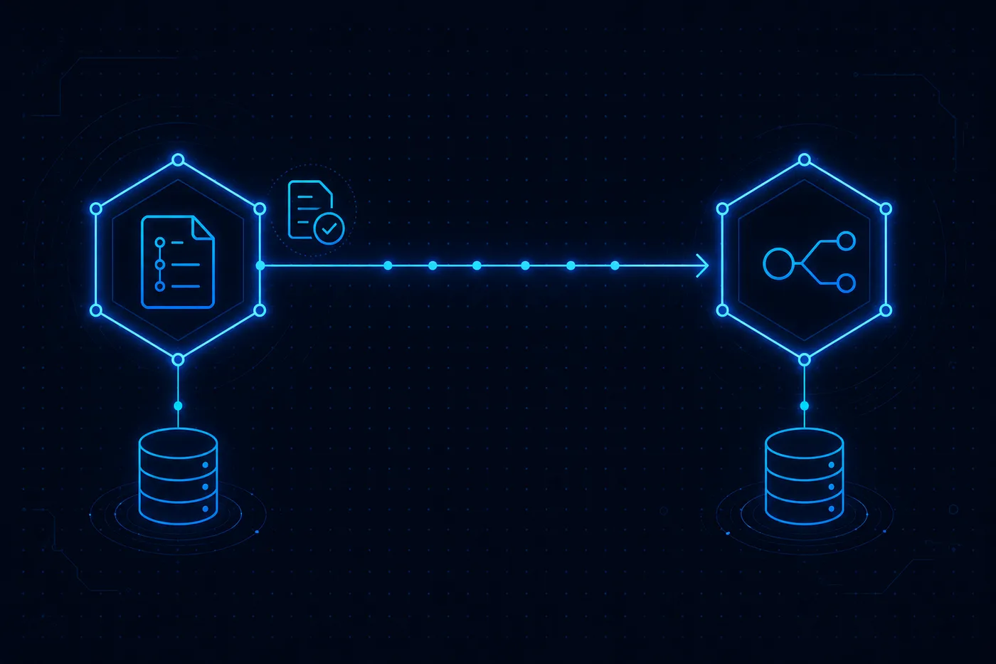 Concept diagram of a control-plane node with its own database, connected by a sequence of ordered tick marks to a hosted-relay node with its own separate database.