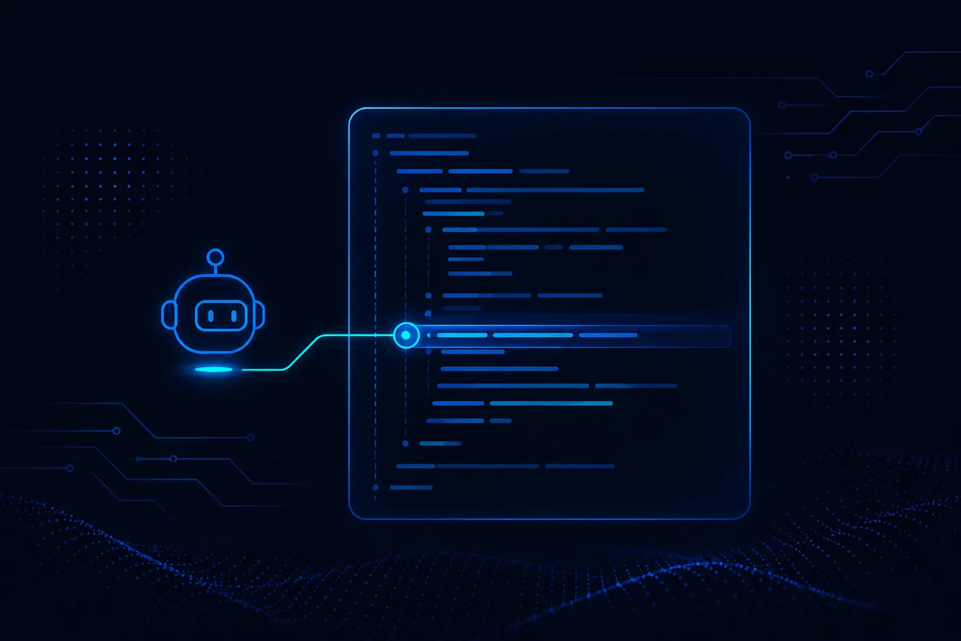 Concept mockup of a robot agent icon connected to a query panel of greeked placeholder lines, with one line highlighted to suggest a specific, targeted recommendation.