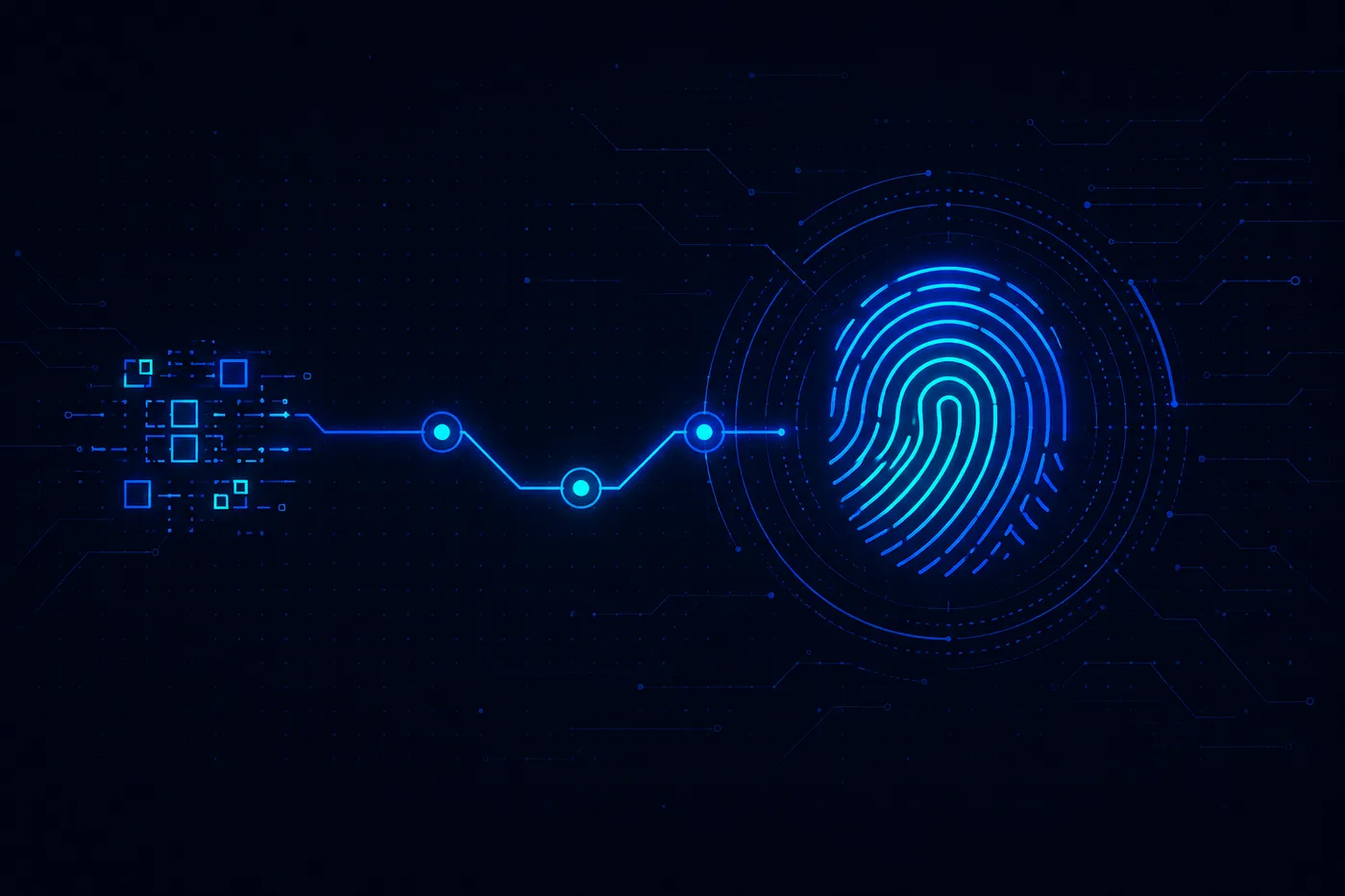 Concept mockup of a glowing fingerprint icon connected by a traceable line, through checkpoint markers, back to a cluster of raw byte and block icons.