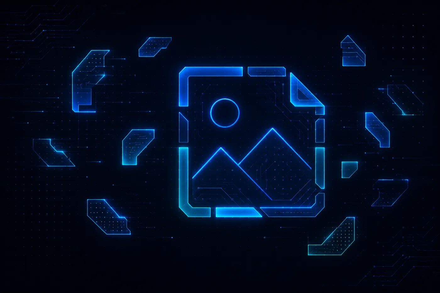 Concept mockup of fragmented, angular glowing byte-block shapes converging and reassembling into a complete picture-icon silhouette, with a few fragments still scattered around the edges.