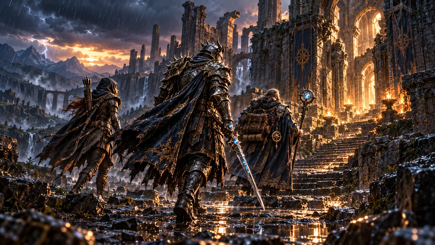 Promotional Macerus artwork showing three adventurers in armor, leather, and robes climbing rain-soaked stone steps toward a firelit ruined gate, with lightning and a sunset over distant mountains.