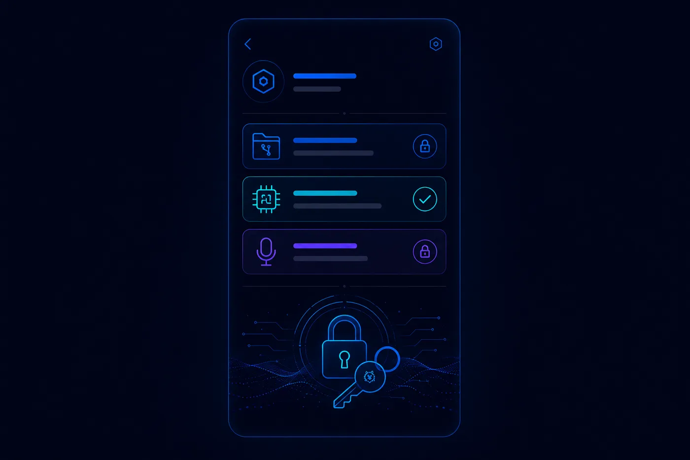 Concept mockup of a settings screen listing three provider rows, each with a lock icon, above a large keychain and key illustration.