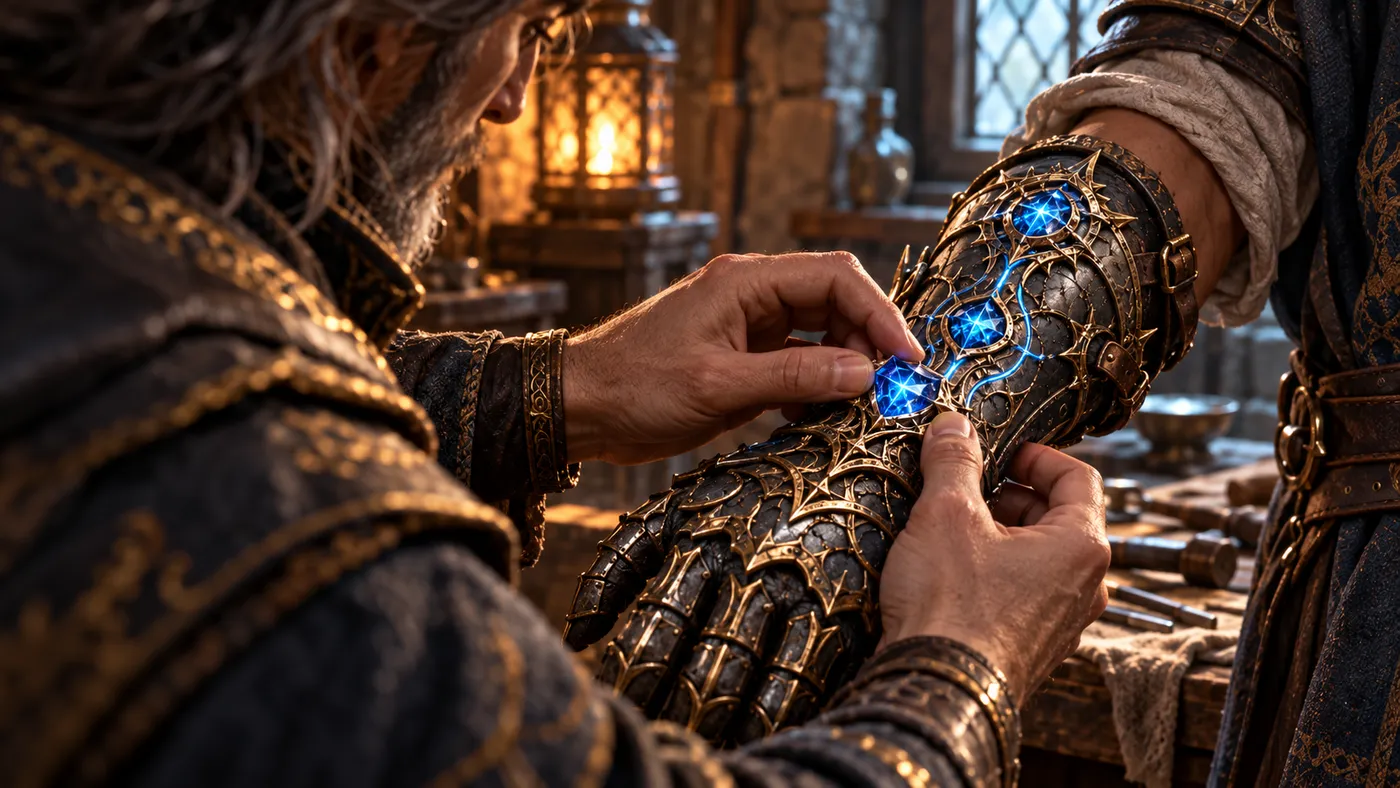 Promotional Macerus artwork showing an artisan setting a blue gemstone into a worn armored gauntlet, with three bright stones linked by glowing blue channels in engraved metalwork.