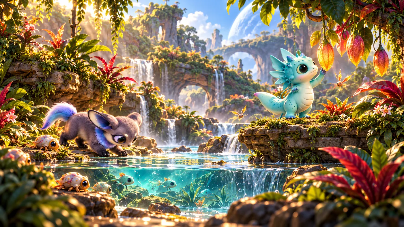 Promotional EVO: Habitat Zero artwork showing a purple furry creature exploring a clear pool and a turquoise frilled creature examining a hanging seedpod, surrounded by fish, small shelled creatures, lush plants, waterfalls, and rocky arches beneath a large moon.