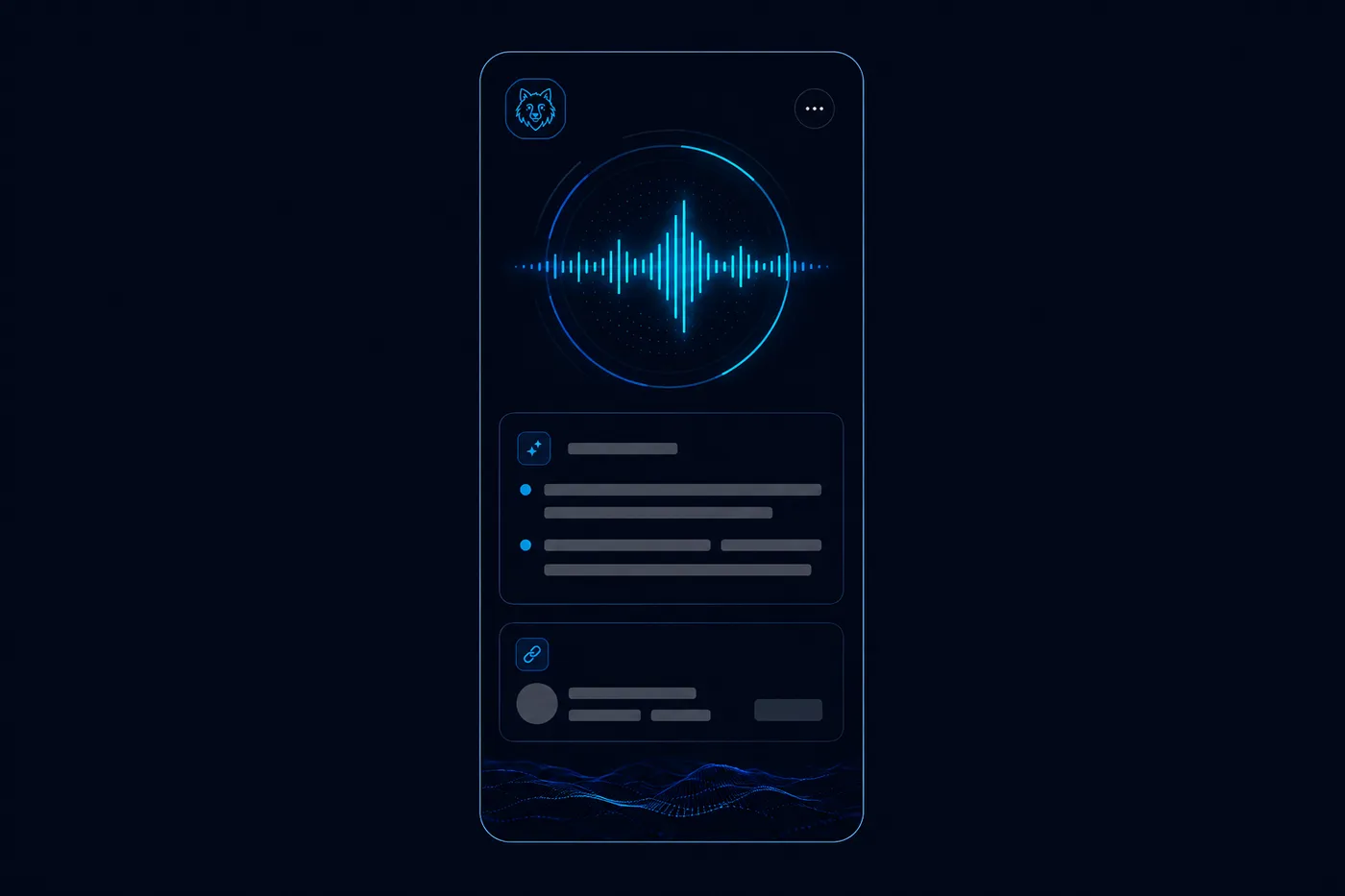 Concept mockup of a voice interface: a waveform visualizer mid-capture, an AI summary card with bullet points, and a linked commit card below it.