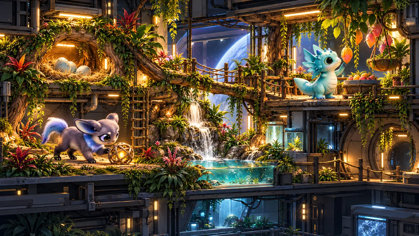 Promotional EVO: Habitat Zero artwork showing a purple furry creature investigating a toy and a turquoise frilled creature beside fruit, with eggs, lush plants, a waterfall, and connected platforms inside a space station.