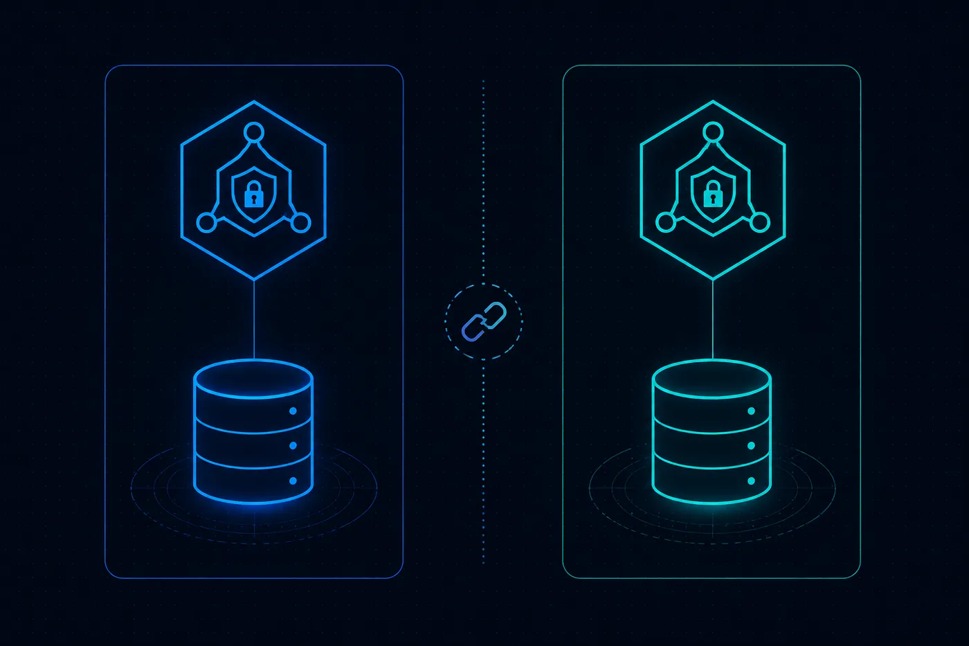 Concept diagram of two separate enclosed groups, each with a service icon connected to its own database, divided by a dotted line with a broken-link icon between them.