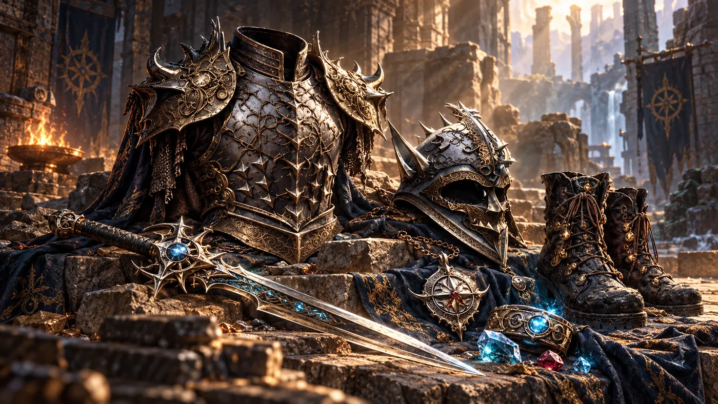 Promotional Macerus artwork showing engraved armor and a helmet, leather boots, an amulet, a jeweled sword, and loose gems displayed in a sunlit ruined temple.