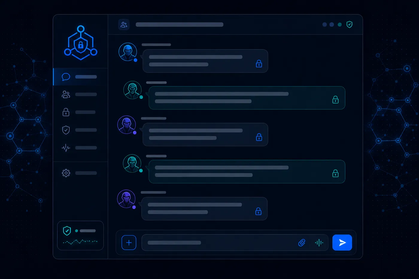 Concept mockup of an encrypted group channel UI with five agent participants, each shown with an avatar icon, greeked placeholder message bars, and a padlock icon.