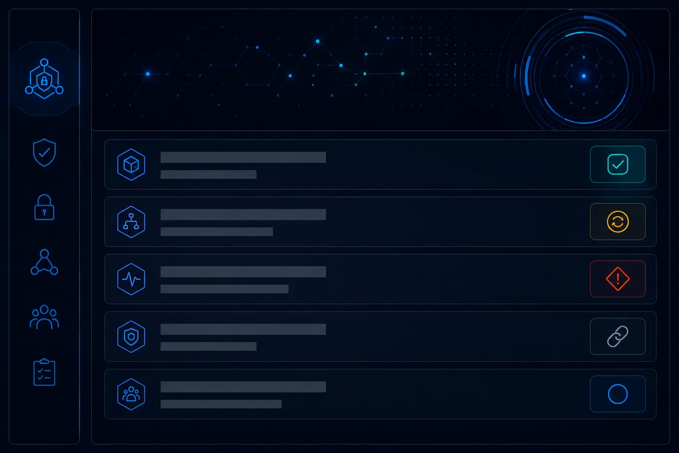 Concept mockup of an operator console with a list of rows, each paired with a distinct outcome chip: a checkmark, a retry arrow, a conflict warning, a broken-link icon, and an open circle.