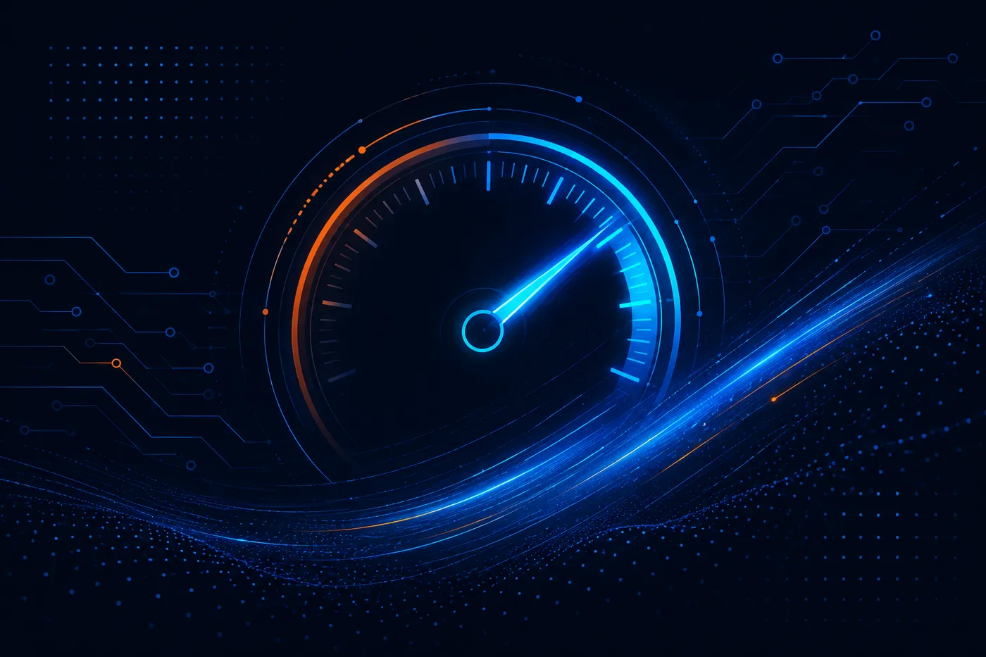 Concept mockup of a glowing speedometer gauge sweeping from a dim slow zone to a bright fast zone, with a light trail streaking off like rocket exhaust.