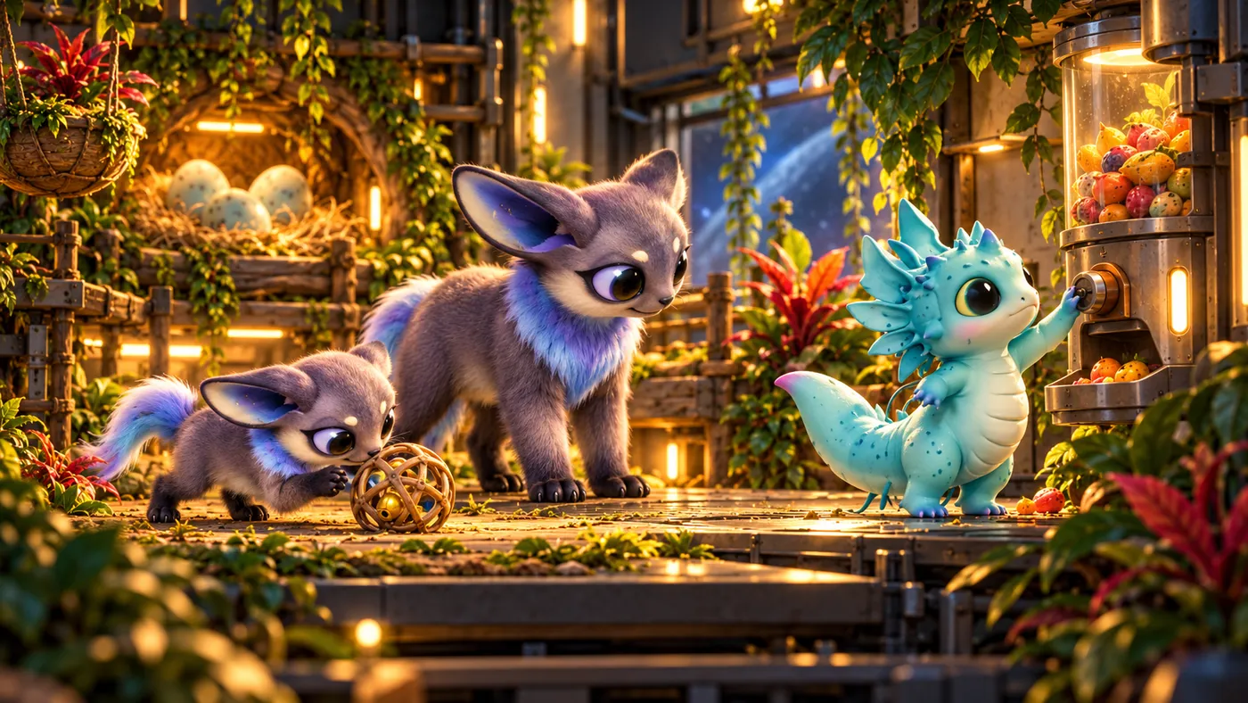 Promotional EVO: Habitat Zero artwork showing a purple furry adult watching a juvenile play with a golden toy, while a turquoise frilled creature presses a fruit dispenser's control in a lush, warmly lit station habitat.