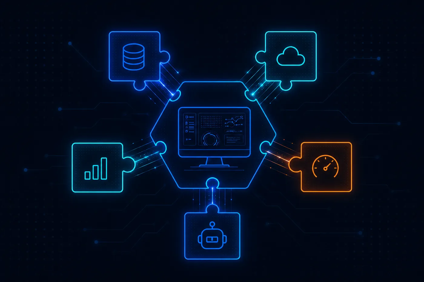 Concept diagram of a central workbench monitor icon with four puzzle-piece icons (database, cloud, insights, tuning) and an agent icon connecting into it from different angles.