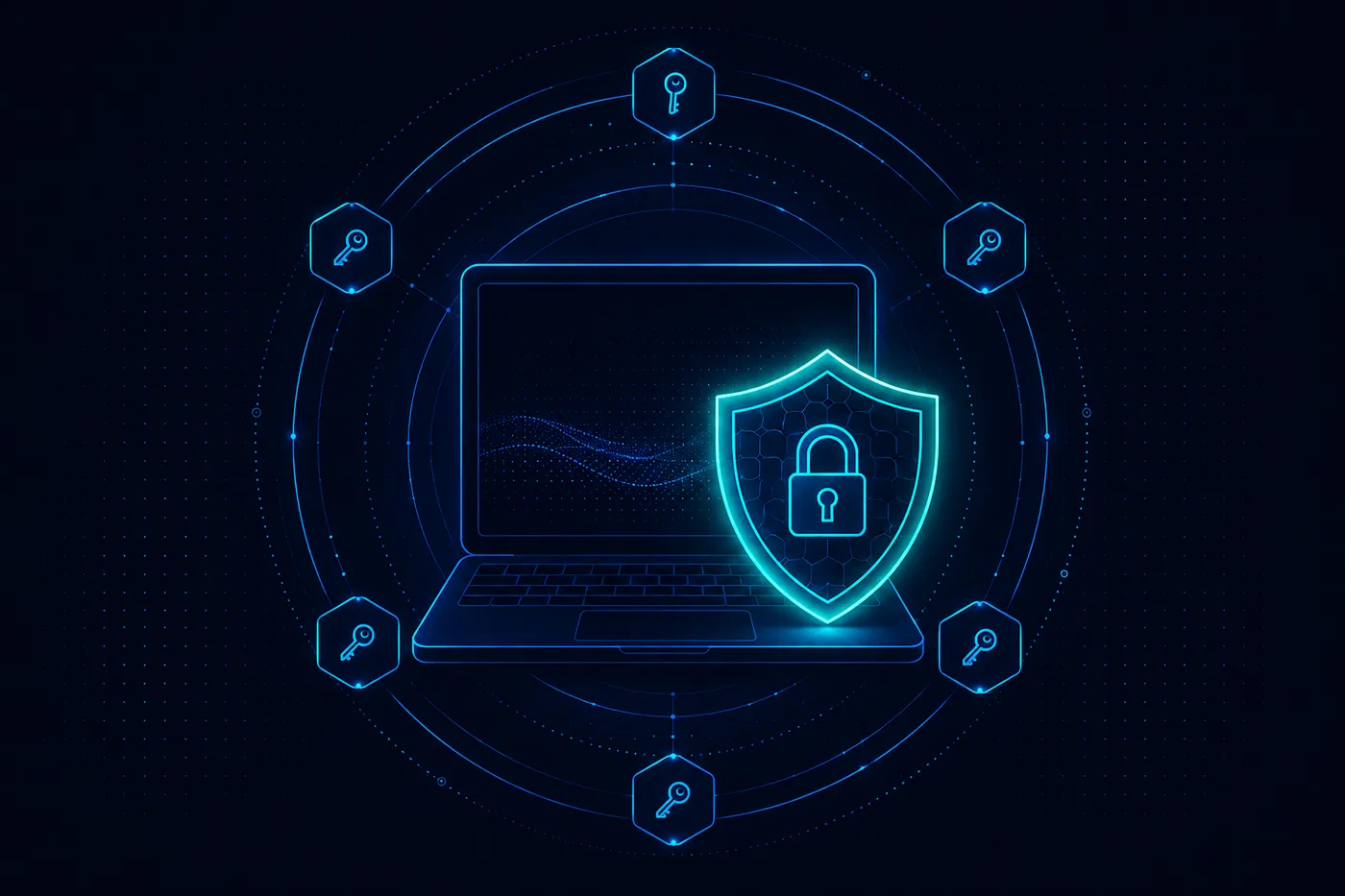 Concept mockup of a laptop with a glowing shield and padlock icon beside it, surrounded by a ring of orbiting key icons representing locally sealed credentials.