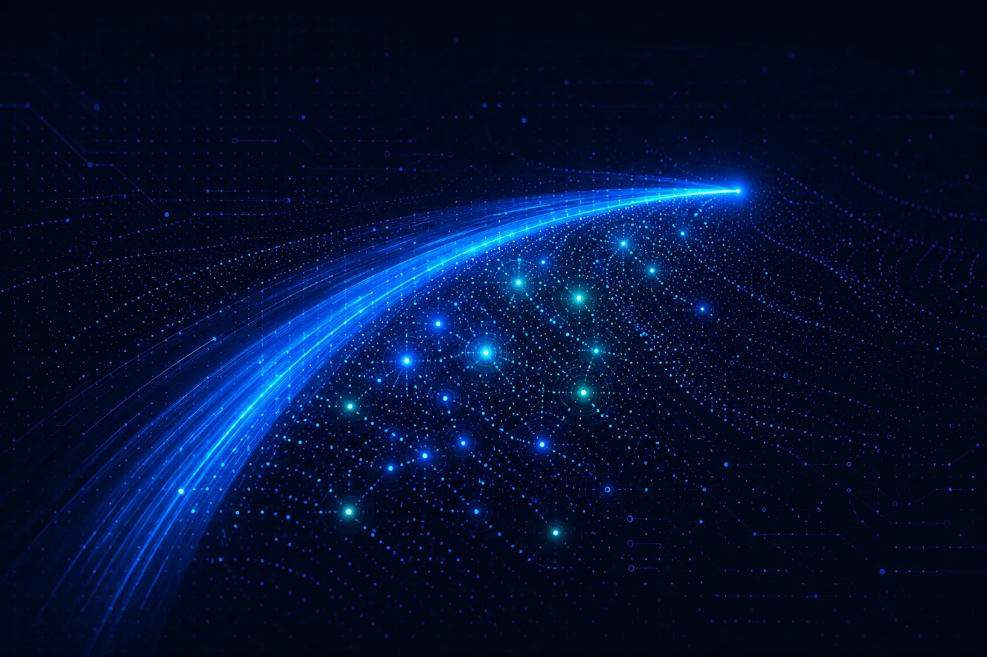 Concept visualization of a bright motion-trail streak sweeping over a dense field of glowing data-particle dots, with particles lighting up in its wake.